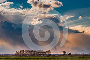 A cumulonimbus storm cloud over the fields and convective rainfall.