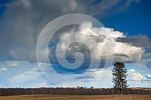 Cumulus cloud with snow, rain streaks at sunset, beautiful landscape