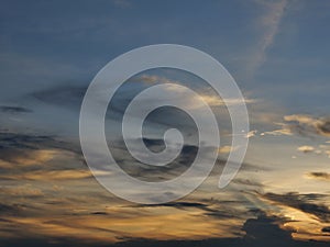 Cumulus cloud with sunbeam on beautiful blue sky at sunset