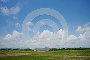 Cumulus Clouds above the fields on a clear day. Clouds with Vertical Development.