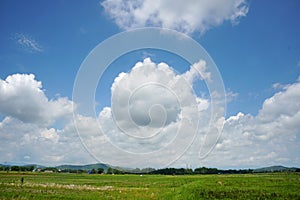 Cumulus Clouds above the fields on a clear day. Clouds with Vertical Development.