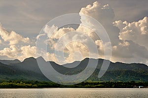 Cumulus clouds in sunset sky over Koh Chang island, Thailand.