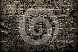 Cuneiform or Egyptian hieroglyphs of Ancient civilization carved on dark stone wall. Undeciphered signs like Sumerian and