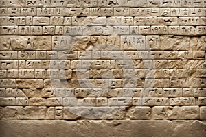 Cuneiform or hieroglyphs of Ancient civilization carved on old stone wall. Undeciphered signs like Sumerian, Babylonian and