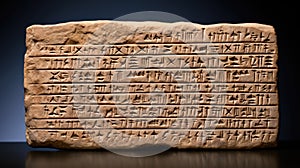 Cuneiform writing on a clay tablet isolated on dark background