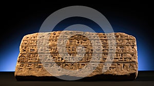 Cuneiform writing on a clay tablet isolated on dark background