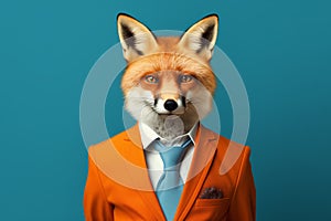 cunning businessman fox in a business suit, successful businessman fox, handsome fox in a business orange suit on a blue