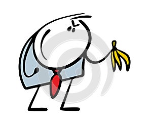 Cunning businessman is planning a meanness for competitor. Vector illustration of a man in business suit holding banana