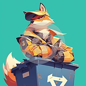 A cunning fox sanitation worker cartoon style