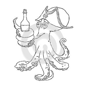 Cunning octopus-pirate with a bottle of alcohol in the tentacles. Drunk.