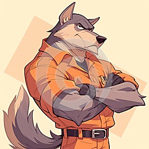 A cunning wolf sanitation worker cartoon style