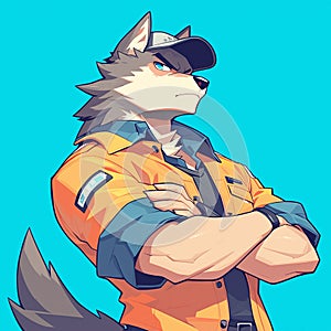 A cunning wolf sanitation worker cartoon style