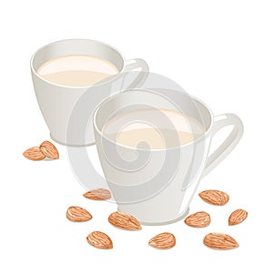 Cup of almond milk with almond seeds on white background.