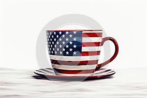 Cup with American flag on white background. Generative AI