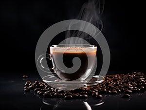 Cup of Americano coffee with beans on dark background.