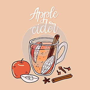 Cup of apple cidre with mulling spices. Illustration traditional hot drink at Christmas time. Autumn and winter holidays. Hand-