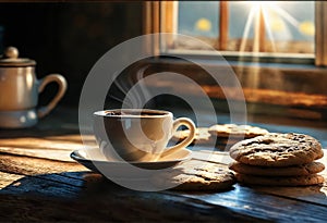 Cup of aroma hot coffee and cookies on a wooden table