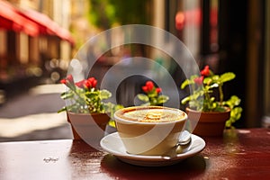 A cup of aromatic cappuccino latte coffee on a table with flowers in pots of a street cafe on an old European street