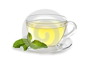 Cup with aromatic mint tea on white background