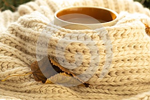 Cup of autumn coffee, tea or hot chocolate, fall leaf on a warm scarf. Drink for autumn cold rainy days. Seasonal