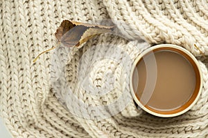 Cup of autumn coffee, tea or hot chocolate, fall leaf on a warm scarf. Drink for autumn cold rainy days. Sunday relaxing