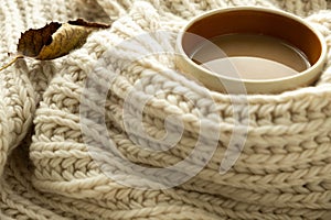 Cup of autumn coffee, tea or hot chocolate, fall leave on a warm scarf. Drink for autumn cold rainy days. Seasonal