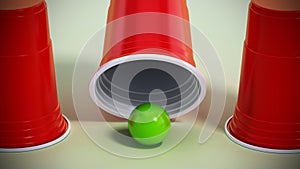 Cup and ball guessing game. 3D illustration