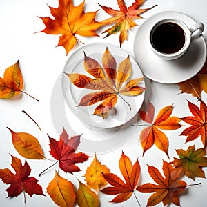 A cup of black coffee with autumn leaves with white background