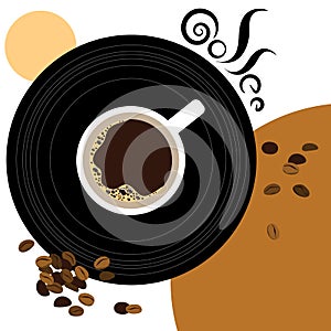 Cup of black coffee, beans and vinyl record. Top view. Abstract illustration