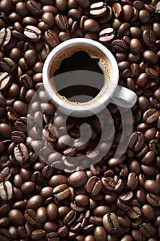 Cup of black coffee on a bed of roasted whole coffee beans. Top view photo. Food background with copy space