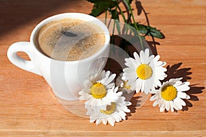 A cup of black coffee branch of white daisy flowers on wooden background in morning bright sunligh with shadow photo