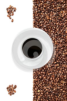 Cup of black coffee, bunch of coffee beans in the corners, cup handle tilted right