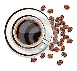 Cup of black coffee and coffee beans, vector