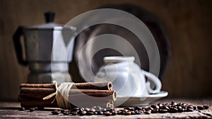 Cup of black coffee, coffee pot and cinnamon flavor on vintage wooden table