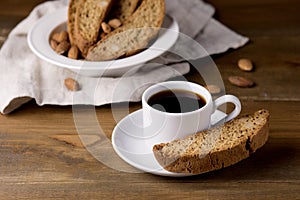 Cup of Black Coffee Espresso with Cantuccini Biscotti Rustic Wooden Background Italian Cookies