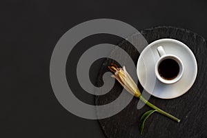 Cup of black coffee and fresh spring single bud of lily flower on a round slate on a black background