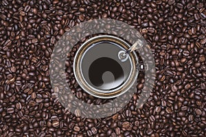 Cup of Black coffee placed, with Roasted Full frame coffee beans background