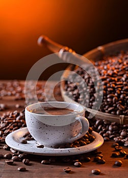 Cup of black coffee and roasted beans