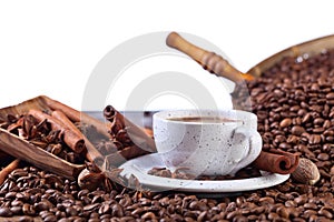 Cup of black coffee and roasted beans with spices isolated on white background