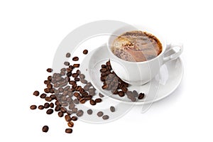 Cup of black coffee with roasted coffe beans 2