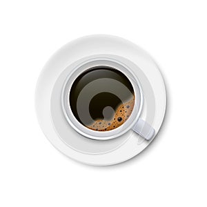 A cup of black coffee and saucer top view isolated on white background. Vector illustration