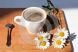 A cup of black coffee, silver spoon, branch of white daisy flowers on wooden background top view