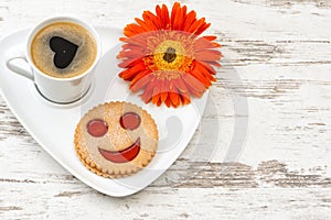 Cup black coffee smiled cookie Heart, love, flower