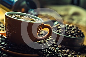 Cup of black coffee and spilled coffee beans.