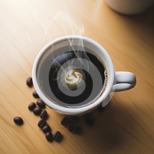 Cup of black coffee in a white ceramic mug is placed on a light