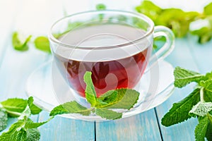 Cup of black tea with fresh mint