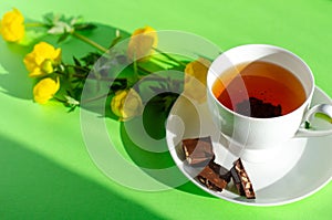 A Cup of black tea, pieces of chocolate and yellow flowers of Trollius europaeus on a green background. Chocolate day