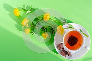 A Cup of black tea, pieces of chocolate and yellow flowers of Trollius europaeus on a green background. Chocolate day