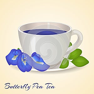 Cup of Blue tea with Butterfly Pea flowers and leaves on orange background. Blue Pea Tea. Clitoria Ternatea