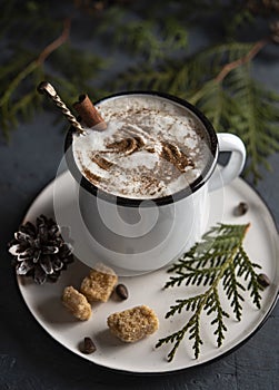 Cup of cacao dark hot chocolate winter coffe milk latte cappuchino christmas tree morning